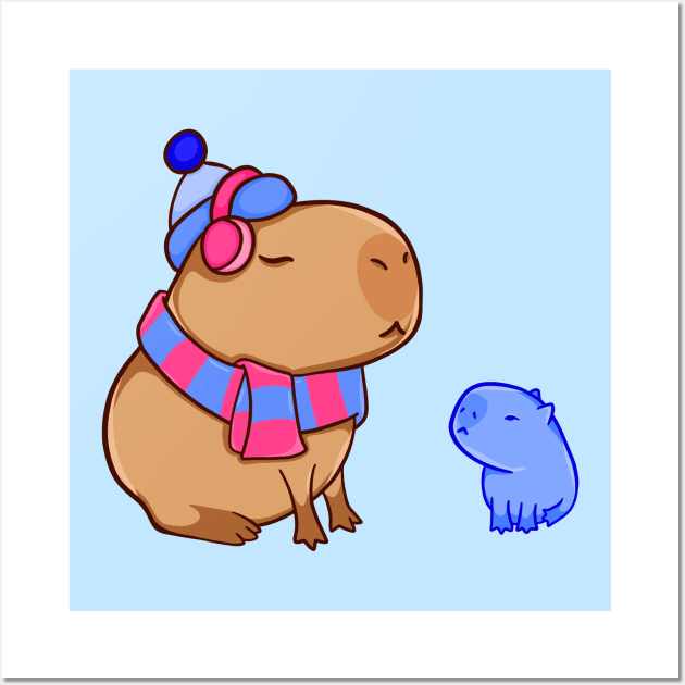 Capybara with a small snow capybara Wall Art by manydoodles